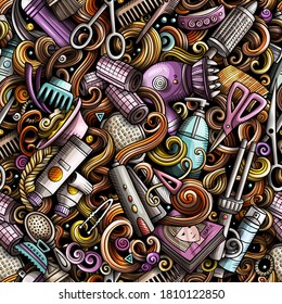Hair Salon hand drawn doodles seamless pattern. Hairstyle background. Cartoon hairdressing fabric print design. Colorful vector barbershop illustration