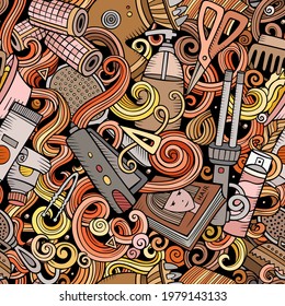Hair Salon hand drawn doodles seamless pattern. Hairstyle background. Cartoon hairdressing fabric print design. Colorful vector barbershop illustration
