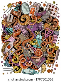 Hair salon hand drawn vector doodles illustration. Hairstyle poster design. Barber shop elements and objects cartoon background. Bright colors funny picture. All items are separated