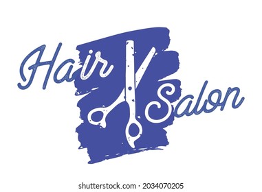 Hair Salon Icon with Scissors and Grunge Blue Stroke, Beauty Service Logo, Isolated Label for Barbershop, Hairstyling Parlor or Haircut Service. Vector Illustration