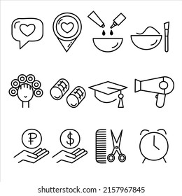Hair salon icon set. Included the icons as hair cut, cleaning, barber, hair dryer, clipper, hair curler and more. Vector illustration