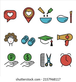 Hair salon icon set. Included the icons as hair cut, cleaning, barber, hair dryer, clipper, hair curler and more. Vector illustration