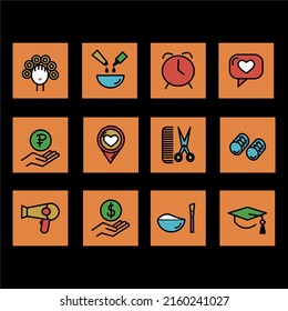 Hair salon icon set. Included the icons as hair cut, cleaning, barber, hair dryer, clipper, hair curler and more. Vector illustration