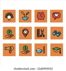 Hair salon icon set. Included the icons as hair cut, cleaning, barber, hair dryer, clipper, hair curler and more. Vector illustration