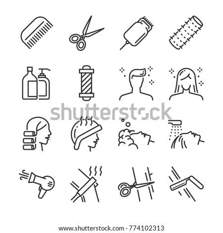 Hair salon icon set. Included the icons as hair cut, cleaning, barber, hair dryer, clipper, hair curler and more.