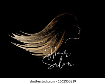 Hair salon illustration.Long,wavy blonde hair woman.Shampoo,cosmetics and spa icon.Young lady profile view portrait logo.Beautiful hairstyle model.Luxury,glamour, elegant.