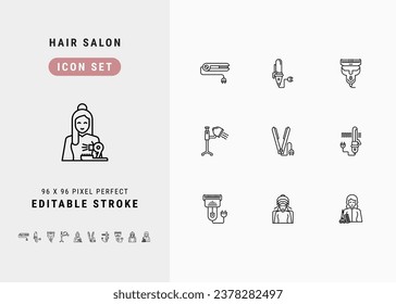 Hair Salon Includes Straightener, Curler, Clipper, Hair Steamer and Hairstylist. Line Icons Set. Editable Stroke Vector Stock. 96 x 96 Pixel Perfect.