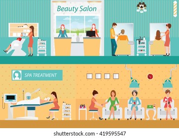 Hair salon interior building with customer, hairdresser fashion model,vector illustration.