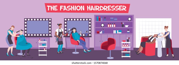 Hair salon interior with customers and hairdressers creating fashionable hairstyles flat vector illustration