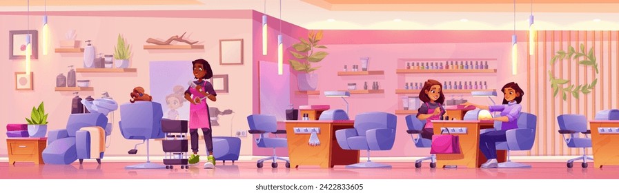 Hair salon interior with haircut and manicure areas. Cartoon vector illustration of female stylist shears kid girl, manicurist makes professional nail care inside beauty bar. People in parlor studio.