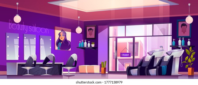 Salón de pelo con sillones de peluquería, espejos, lavabo y cosméticos en estanterías. Dibujo vectorial de barbería moderna vacía, salón de belleza o salón de belleza para maquillaje y estilo