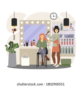 Hair salon interior. Professional hairdresser and stylist doing her client female hair, flat vector illustration. Beauty parlor, hairdressing salon, hair studio services.