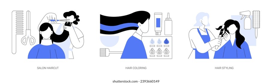 Hair salon isolated cartoon vector illustrations set. Doing hair cut, beauty salon services, trendy coloring and dying, professional hairdresser at work, glamour styling, appearance vector cartoon.