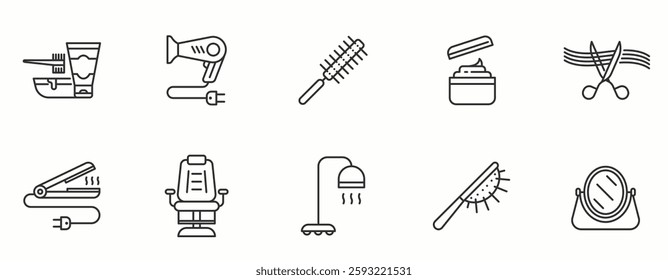 Hair Salon Item line Icon Set . Scissors, shampoo, comb, hairdresser . Vector Illustration