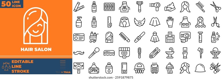 Hair Salon Line Editable Icons set. Vector illustration in modern thin line style of hair salon icons: barber pole, comb, razor blade, etc