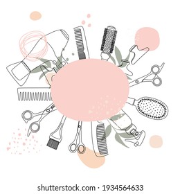 Hair salon logo, barber tools around a pink oval. Contour hairdressers accessories, hair dryer, comb, scissors and abstraction. Vector illustration, frame, template for design and information.