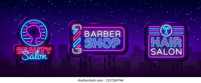 Hair salon logo collection vector. Beauty Salon neon sign, Barber Shop modern trend design, light vector illustration, light banner, Vintage sign. Vector Illustration. Billboards