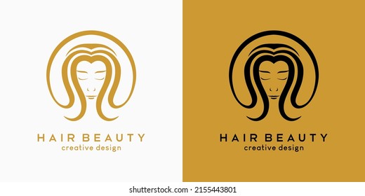 Hair salon logo design, hair beauty or hair care, woman face with hair in hand drawn concept in circle