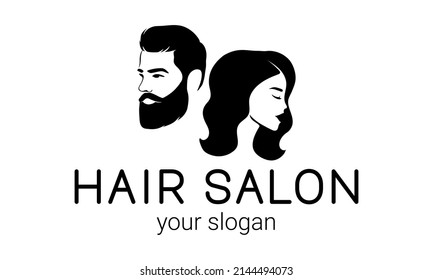 Diseño del logo del salón de pelo con siluetas de caras masculinas y femeninas. Icono de peluquería. Hombre y mujer con antecedentes blancos. Ilustración vectorial.
