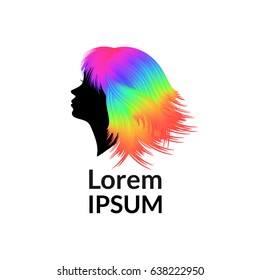 Hair salon logo. Girl's face with colored hair. Vector illustration. Hair coloring salon logotype.