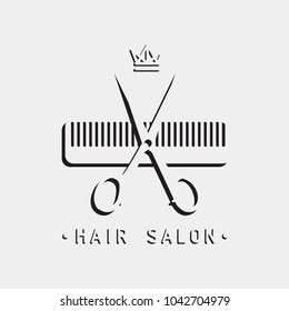 Hair salon logo scissors comb and crown vector illustration