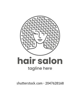 Hair salon logo template. Abstract woman with curly hair in one color. Stock vector illustration.