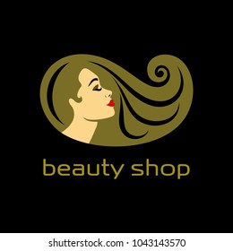 Hair salon logotype. Woman silhouette. Isolated icon for beauty studio, hairdresser salon, spa, cosmetics design, fashion, makeup.Vector template.