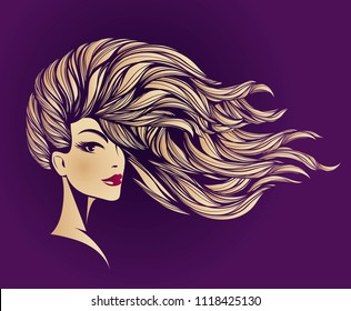 Hair salon and makeup studio vector illustration.Beautiful woman with long, wavy hair and elegant makeup, wearing shiny deep red lipstick on her lips.