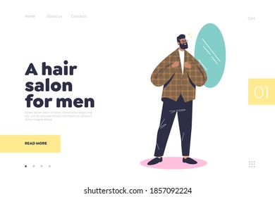 Hair salon for man landing page with hipster guy looking in mirror after haircut in modern barbershop. Male hairdressing salon client. Cartoon flat vector illustration