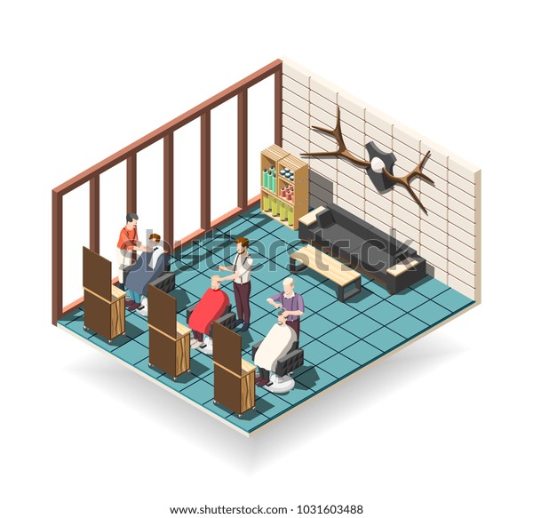 Hair Salon Men Isometric Composition Stylists Stock Vector