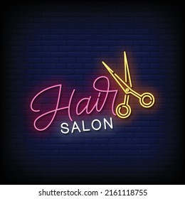 Hair Salon Neon Sign On Brick Wall Background Vector