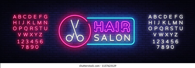 Hair Salon neon sign vector. Hairdress Design template neon sign, light banner, neon signboard, nightly bright advertising, light inscription. Vector illustration. Editing text neon sign