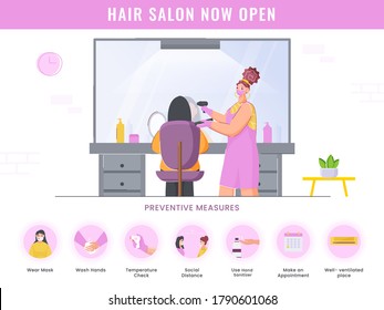 Hair Salon Now Open Poster Design With Preventive Measures Details On White Background For Advertising.