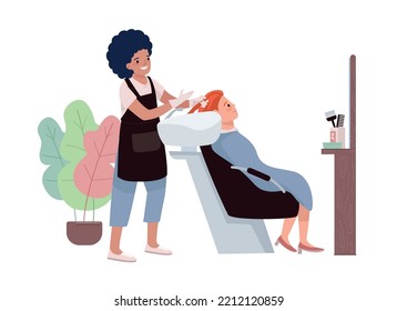 Hair salon procedures 2D vector isolated illustration. Hairdresser washing client hair flat characters on cartoon background. Beauty service colourful editable scene for mobile, website, presentation