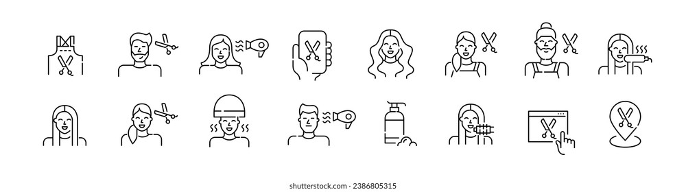 Hair salon procedures. Haircut, styling and blow drying. Pixel perfect, editable stroke icons set