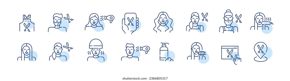 Hair salon procedures. Haircut, styling and blow drying. Pixel perfect, editable stroke icons set