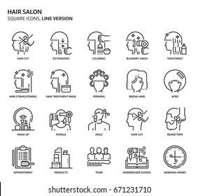 Hair Salon Related, Pixel Perfect, Editable Stroke, Up Scalable Vector Icon Set. 