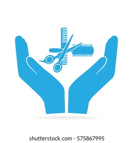 Hair salon with scissors and comb in hand icon, hair care concept