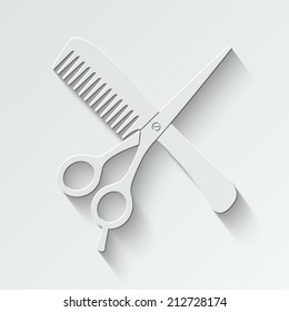 hair salon with scissors and comb icon - paper vector illustration with shadow on light background