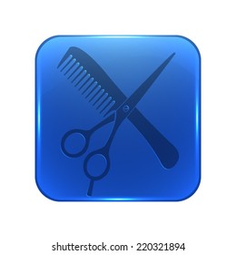 hair salon with scissors and comb icon - glossy blue button
