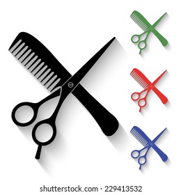 hair salon with scissors and comb icon - black and colored (green, red, blue) illustration with shadow