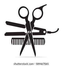 Hair salon with scissors, comb icon, curling iron icon