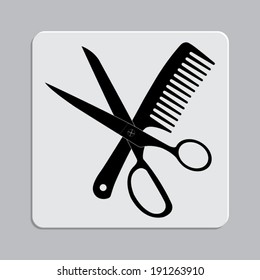 hair salon with scissors and comb - vector icon on a grey flat button