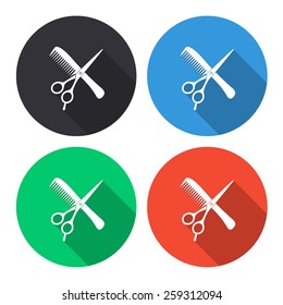 hair salon with scissors and comb vector icon - colored(gray, blue, green, red) round buttons with long shadow