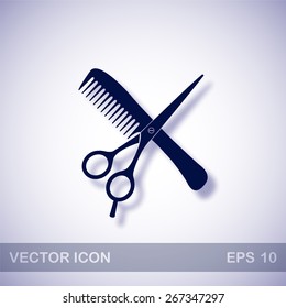 hair salon with scissors and comb vector icon - dark blue illustration with blue shadow