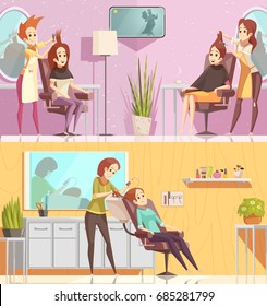 Hair salon service 2 retro cartoon horizontal banners set with styling cutting coloring treatments isolated vector illustration 