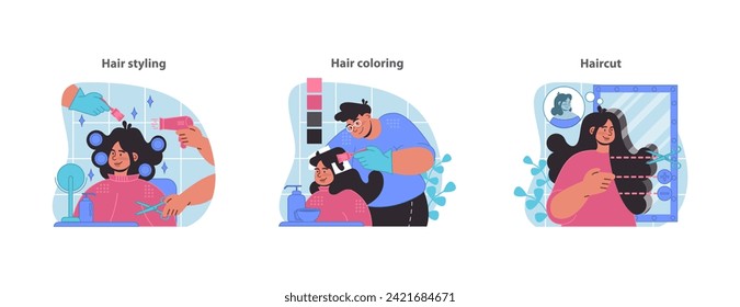 Hair salon services set. Stylish haircuts, vibrant coloring techniques, and personalized styling options. Flat vector illustration.