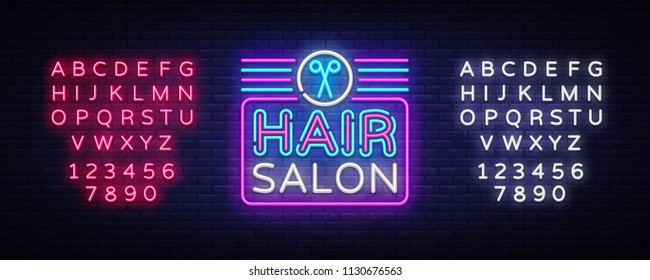 Hair Salon sign vector design template. Hairdress neon logo, light banner design element colorful modern design trend, night bright advertising, bright sign. Vector. Editing text neon sign