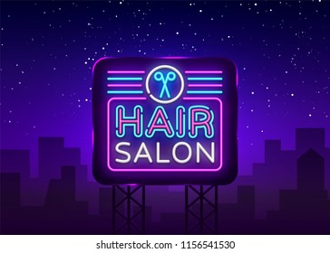 Hair Salon sign vector design template. Hairdress neon logo, light banner design element colorful modern design trend, night bright advertising, bright sign. Vector illustration. Billboard