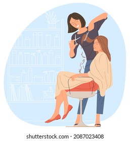 Hair salon, small business illustrations. Woman in beauty salon flat vector illustration. Professional hairdresser and barber, makeup style